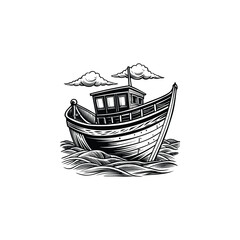 boat on the sea boat, ship, sea, sail, model, sailboat, sailing, toy, travel, yacht, ocean, wooden, vessel, water, nautical, fishing, old, vector, beach, isolated, vintage, illustration, pirate, wood,