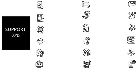 Support simple concept 18 icons set. Contains such Faq,support, customer service, handshake, target, live chat, help, headphones, customer, communication, fair trade, setting.Vector illustration.