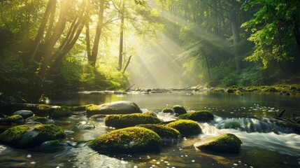 Serene River Flowing Through Sunlit Forest Grove at Sunrise