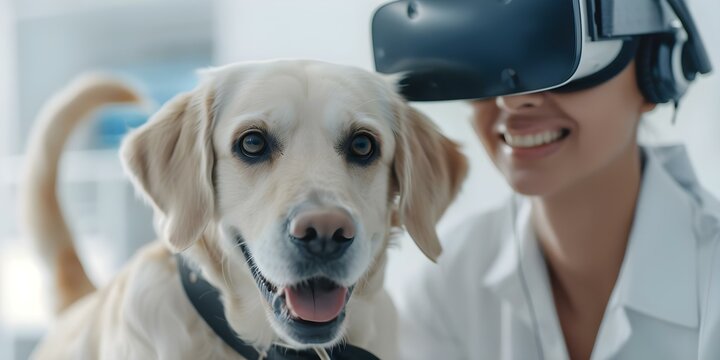 Caring for a Dog in Virtual Reality Future Professional Experience. Concept Virtual Reality Training, Future of Professional Development, Animal Care Technology, Dog Handling Simulation
