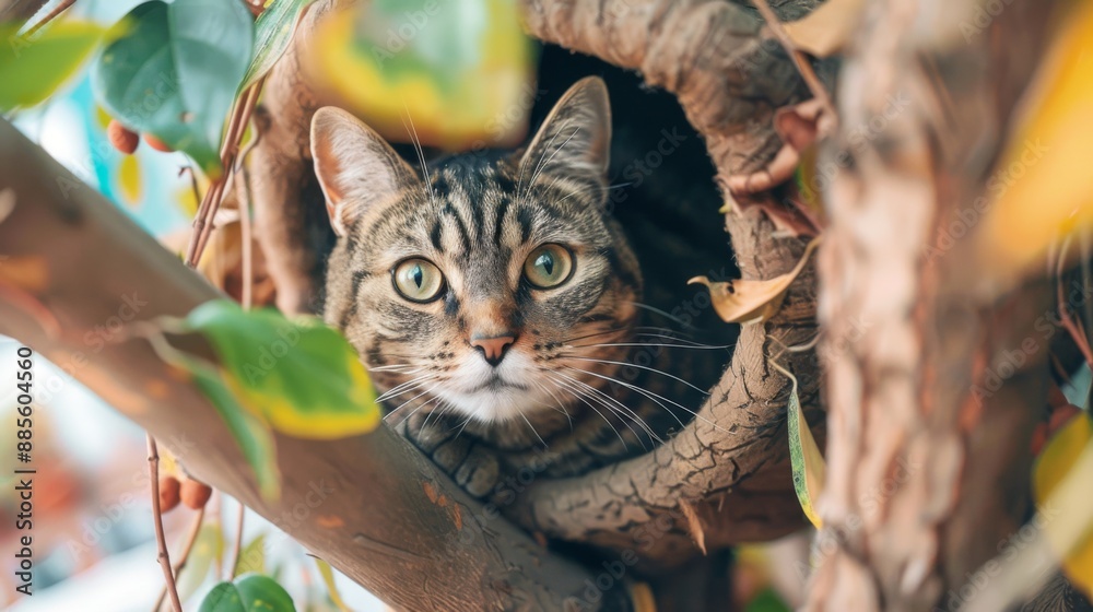 Poster A cat exploring a treehouse cat house with branches and leaves for a natural feel.