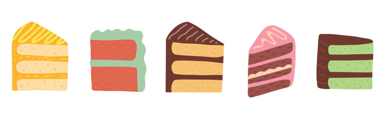 Cakes slices pieces isolated on white. Set of cakes. Birthday party. Vector for postcards, stickers, web.