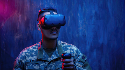 Soldier in futuristic VR glasses controls modern drone, man wearing military uniform uses flying spy robot. Theme of army, intelligence, warfare, cyber technology,