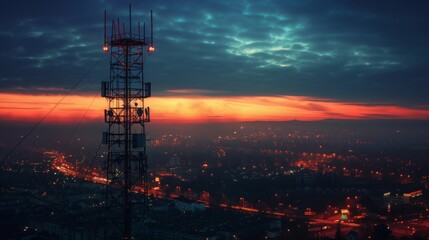 Naklejka premium A cellphone tower illuminated by the first light of dawn, with the city waking up below.