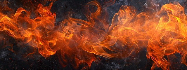 Fire flames texture isolated on black background, panoramic view