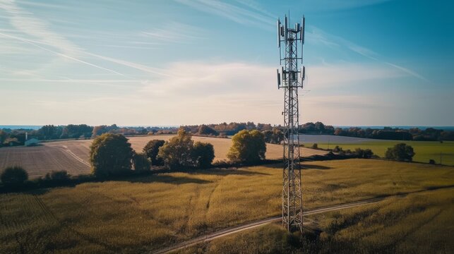 A cellphone tower in a rural area, surrounded by fields and trees.