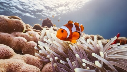Clownfish swimming among vibrant coral reef