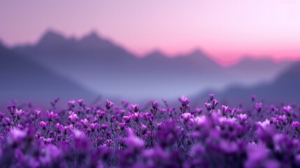 Fototapeta premium podium front shot light source coming from the left side placed in a bed of purple flowers looking over the Himalayan mountains purple sunset product photography 50mm lens DOF background hyper realist