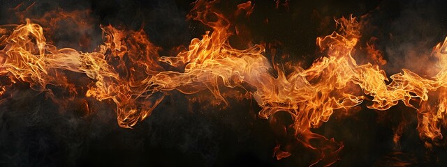 Fire flames texture isolated on black background, panoramic view