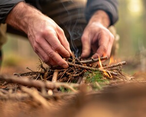 A close-up of hands arranging small sticks and kindling to build a fire in a forest clearing