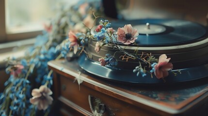 Obraz premium Vintage record player decorated with colorful flowers, creating a nostalgic and artistic atmosphere. Ideal for vintage, music, and art themes.