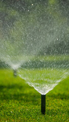 Garden sprinkler watering a green lawn, with lush plants in the background