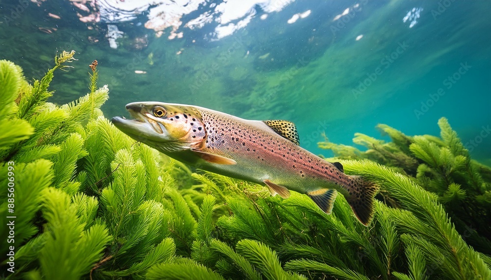 Wall mural Underwater view of a trout swimming among river plants