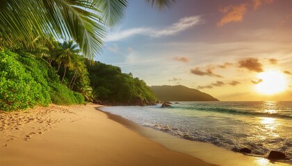 Fototapeta premium Tropical paradise beach with vibrant sunset and lush foliage