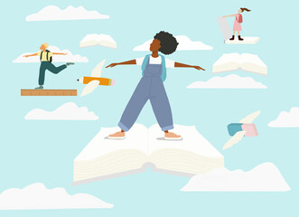 illustration rentrée scolaire enfants nuages livre cahier crayon ailes vol  retour à l'école diversité 