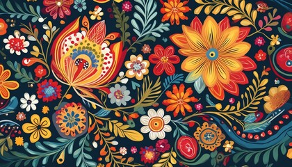 Vibrant folk floral pattern on dark background for design inspiration