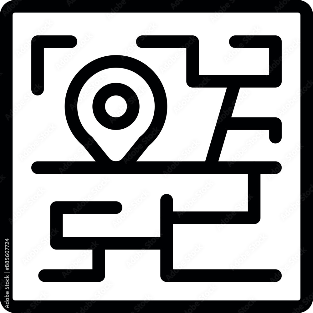 Poster line icon of a digital map with a location pin showing the current position