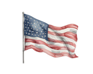 Obraz premium A watercolor painting of the American flag waving in the wind, representing freedom and patriotism, on a white background.