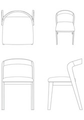 Chair Line Vector Illustration. Different Views of Modern Chair, Ideal for Furniture Design and Interior Concepts with Front, Side, and Top Views