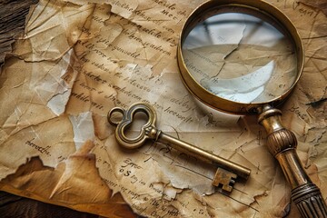 vintage still life featuring an antique brass magnifying glass atop yellowed parchment an ornate skeleton key lies nearby creating an atmosphere of mystery and historical intrigue