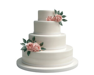 Elegant four-tier white wedding cake decorated with pink roses and green leaves, perfect for celebrations and special occasions.