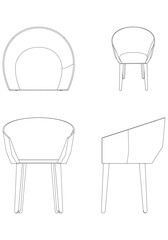 Chair Line Vector Illustration. Different Views of Modern Chair, Ideal for Furniture Design and Interior Concepts with Front, Side, and Top Views