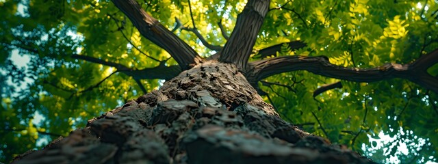 Naklejka premium A panoramic view of the canopy from below, showcasing tall trees with lush green leaves in an enchanting forest setting