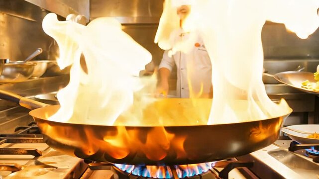 Chefs Flame Vegetables in Restaurant Kitchen Generative AI