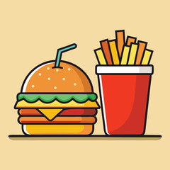 Burger, chips and drink vector illustration