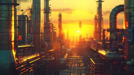 Oil pipe line connect in oil refinery plant. Steel long pipe in crude oil factory on sunset background. 4k