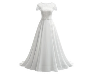 Elegant white wedding dress with lace bodice and flowing chiffon skirt, perfect for a beautiful bridal look on your special day.