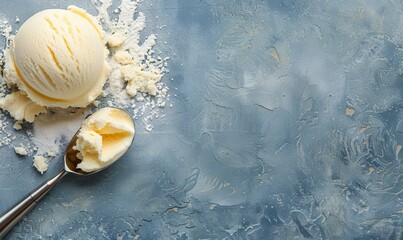 spoonful of vanilla ice cream on empty blue background with space for text, white powder scattered around silver spoon and scoop of creamy yellow gelato