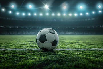 A soccer ball is on the field in front of a stadium, generative ai image.