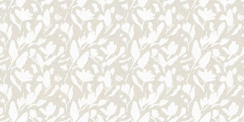 Seamless french gender neutral floral linen printed fabric border background. Light mottled white on grey cottage core block print pattern. Shabby chic woven duotone cloth effect. 