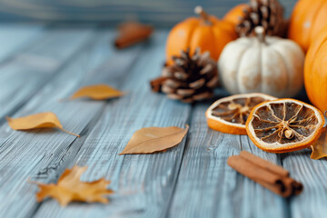 Fototapeta premium Fall Tabletop Arrangement with Leaves and Pumpkins