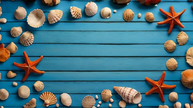 Beach accessories placed on blue wooden planks, top view. Summer holidays concept, free space for text. AI generated
