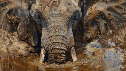 A dirty elephant is drinking water from a muddy pond