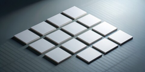 Modern business card grid layout template with deep shadows on isolated white surface, 3D perspective, empty spaces to place your design, clean and minimalistic.