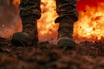 A person is standing in a field with a fire behind them, generative ai image.