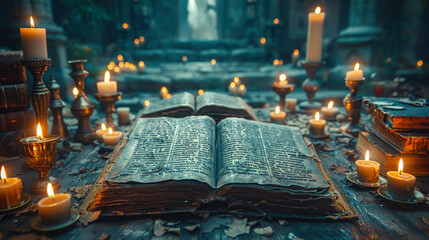 Medieval Book with Candles in Ancient Library - Mystical and Enchanted