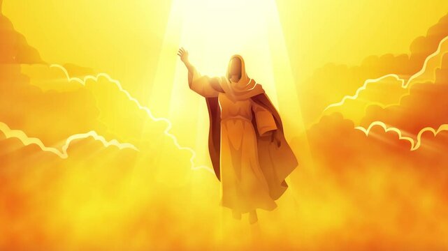 Virgin Mary being lifted up to heaven amongst clouds, celebrating the Feast of the Assumption. For church bulletins, and spiritual presentations, the divine and sacred moment of Mary's ascension