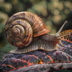 Hyper-realistic close-up of a snail on a leaf, intricate details, vibrant colors, natural light