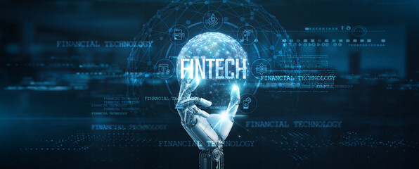 Fintech integration, Hands of robot hold financial technology solutions, blockchain, artificial intelligence, cryptocurrencies, digital banking, and payment processing technology.