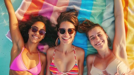 Three women relaxing on a beach towel, enjoying the sun and sea