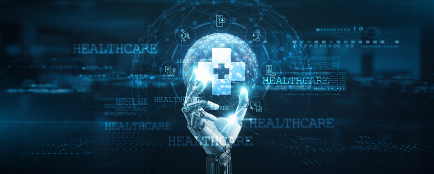 Healthcare technology, Hands of robot hold healthcare system management tools, health records, medical devices, diagnostics, and patient monitoring technology.