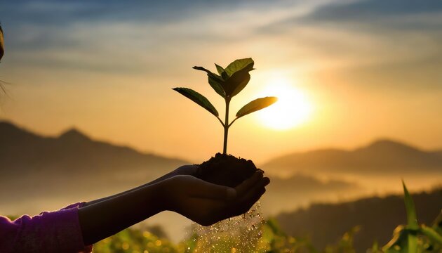 Hands Holding Green Seedling Sprout Over Soil: Top View, New Life Concept