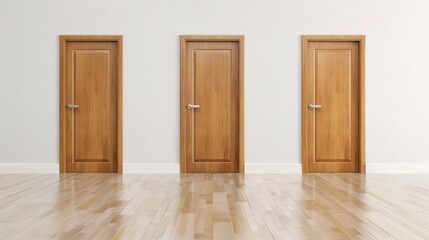 A wooden door is standing in a room with white walls