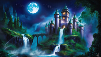 Fototapeta premium night fortress in moonlight with waterfall