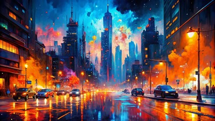 Obraz premium Vibrant neon orange and electric blue oil paint splashes swirl together, evoking the dynamic energy and futuristic vibe of a bustling urban nightscape.