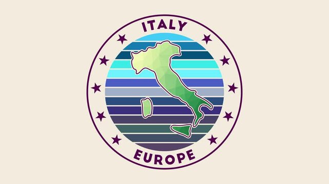 Italy intro video. Badge with the circular name and map of the country in low poly tech geometric style. Elegant country round logo animation.